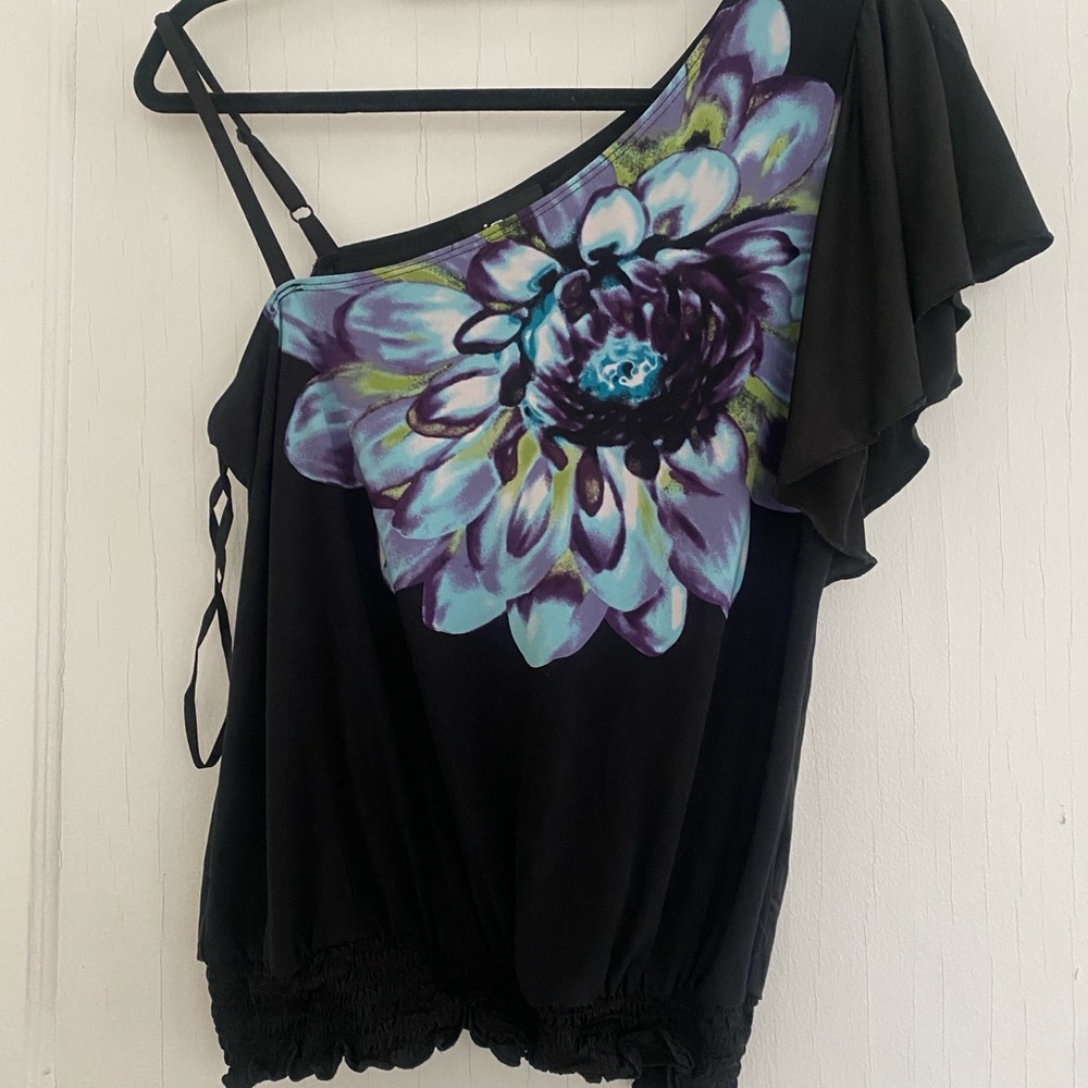 Y2K Iz Byer Black Top with Purple Floral Design